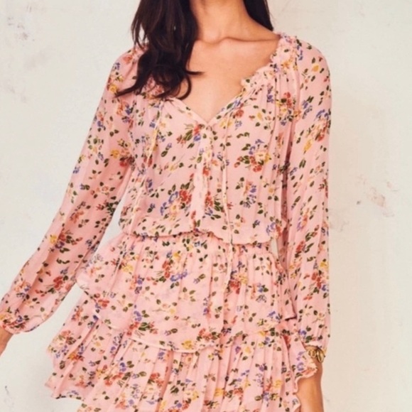 LOVESHACKFANCY Coquette Floral Popover Silk Dress in Sunset Pink Size Medium - Picture 6 of 8